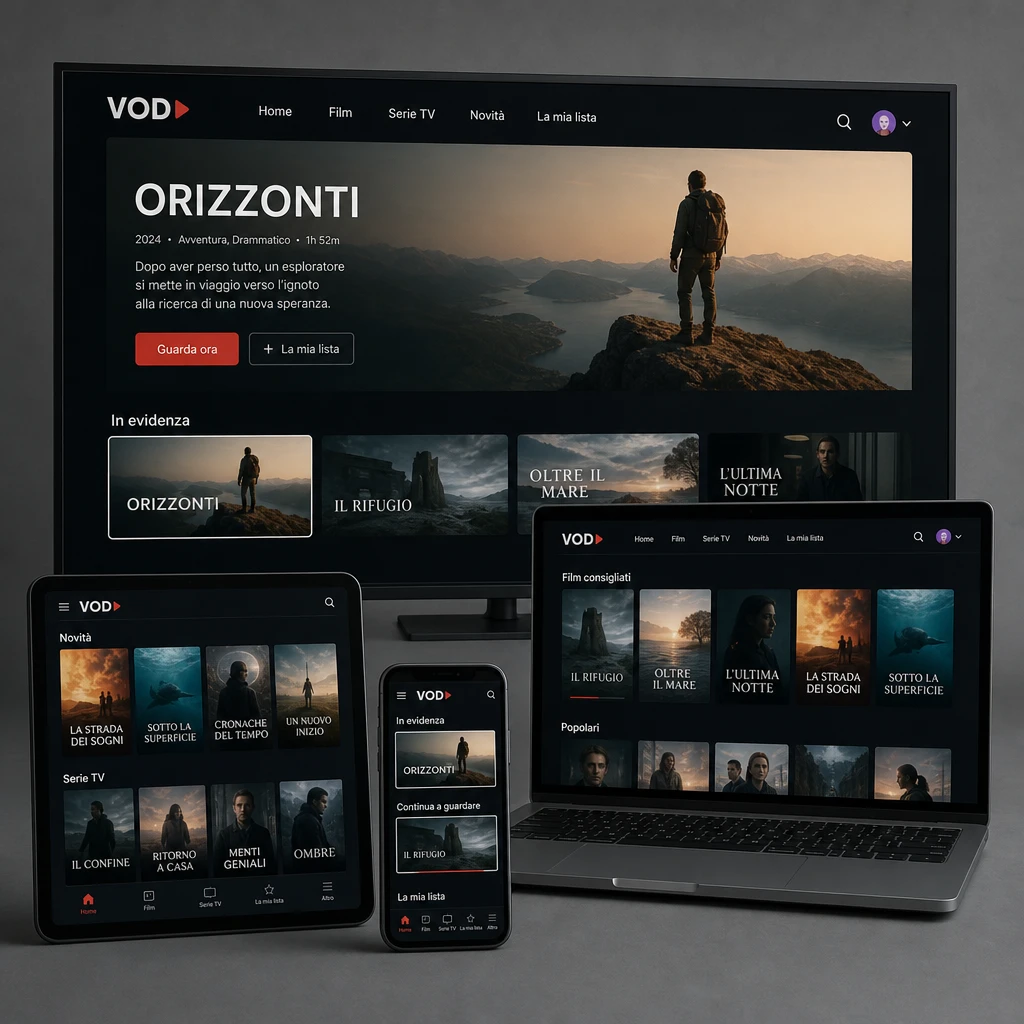 Piattaforma di streaming video on demand accessibile su smart TV, laptop, tablet e smartphone