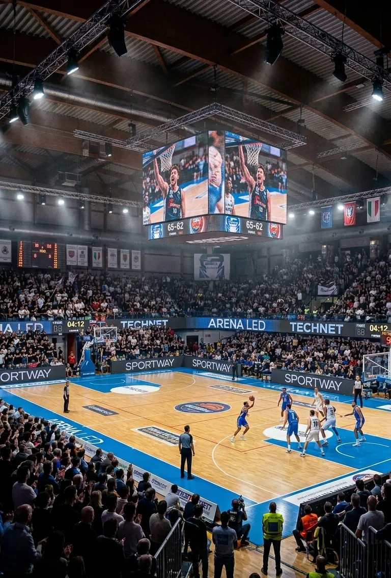 Ledwall perimetrale e tabellone segnapunti a LED in un palazzetto durante una partita di basket
