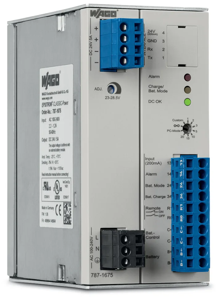WAGO 787-1675 — Alimentatore switching con caricatore e controllore integrati · Classic · 1 fase